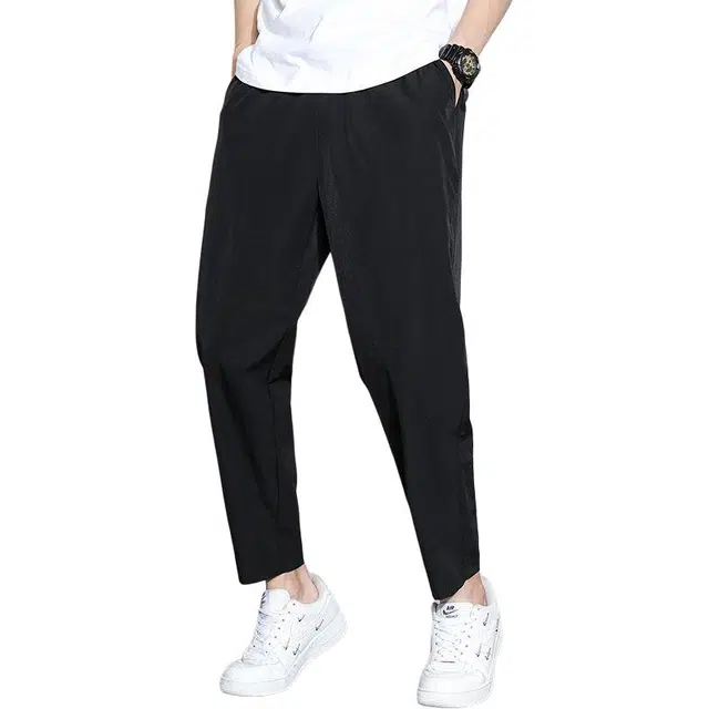 潮人榜 日常基础百搭款冰丝阔腿裤松紧腰抽绳夏季薄款透气舒适潮流学生拖地直筒九分休闲裤 男款