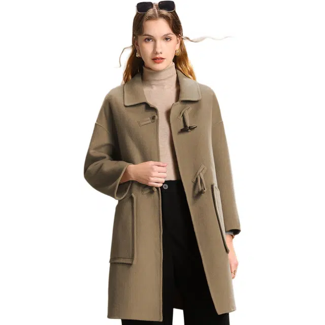 粉红玛琍 纯色翻领中长款大衣 女款 藤棕色