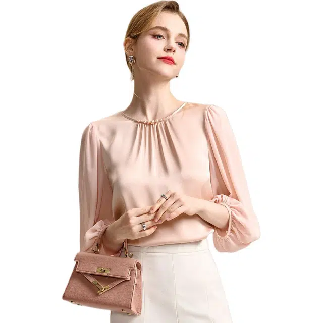 粉红玛琍 纯色气质圆领珍珠装饰七分袖衬衫 女款 粉色