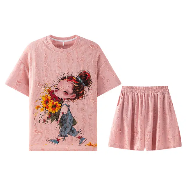 向薇 女夏季薄款卡通可爱少女短袖短裤夏天宽松可外穿家居服睡衣套装 女款