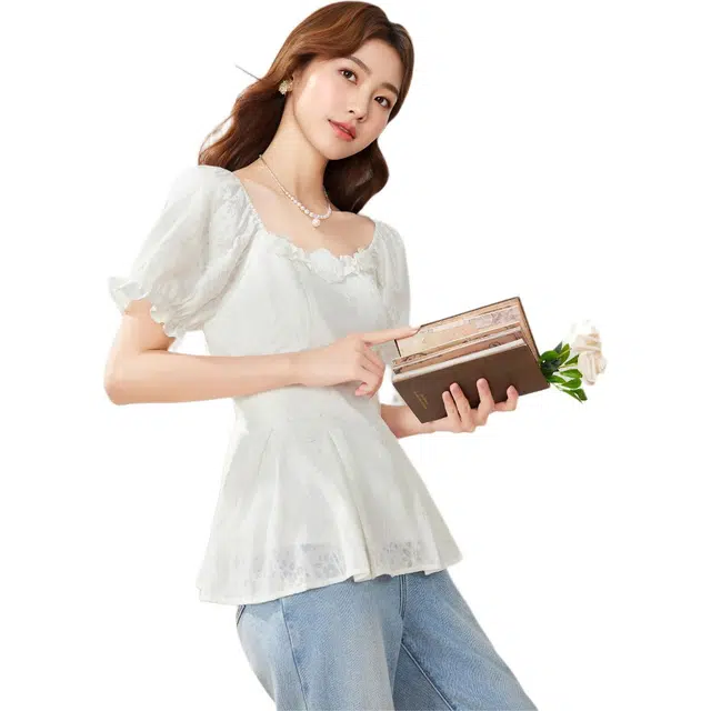 爱依服 纯色泡泡袖短袖方领通勤衬衫 女款