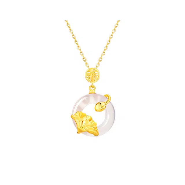 周百福 康乃馨平安扣 新中式国潮好运莲莲平安扣 复古百搭时尚气质感 岁岁平安万事顺遂 玉髓 项链 男女同款情侣款