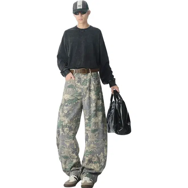 宝米卡 百搭时尚宽松潮牌印花绿叶片潮流直筒休闲裤 男女同款