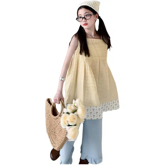 天才小熊休闲运动套装 女童夏季大童潮牌小孩衣服 小女孩 碎花格子 洋气时髦 漂亮 甜美