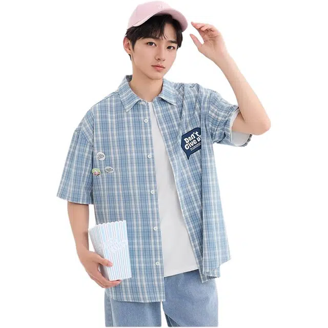 三福 清爽格纹刺绣翻领短袖衬衫 男款