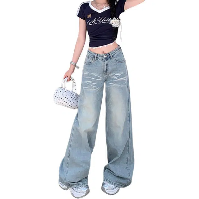 如续 美式复古水洗花样猫须浅色阔腿宽松显瘦拖地裤长裤加长牛仔裤 女款