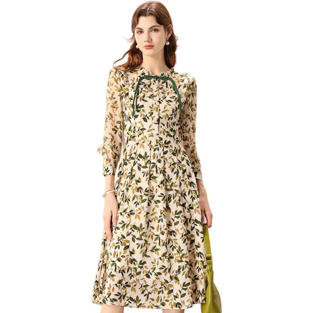 粉红玛琍 盘扣碎花中长款高腰舒适休闲长袖连衣裙 女款 绿花