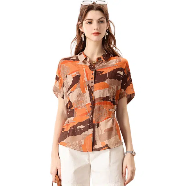 粉红玛琍 翻领简约舒适短袖衬衫 女款 桔色