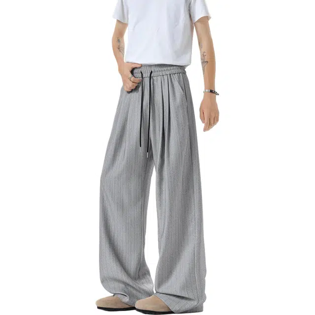 哲源 潮流港风细条纹设计冰丝凉感透气顺滑宽松大码时尚百搭中腰抽绳系带通勤运动舒适柔软亲肤抗皱耐磨休闲裤 男女同款