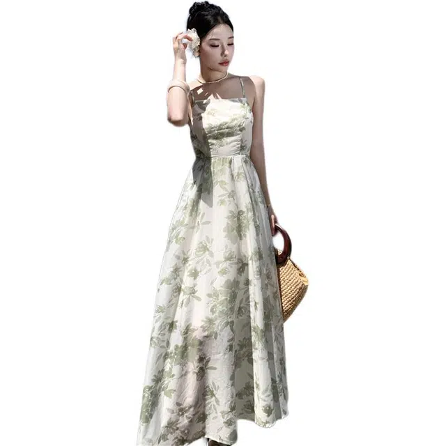 敲模女孩 法式纯欲风性感露背晕染设计感收腰度假风吊带连衣裙 女款