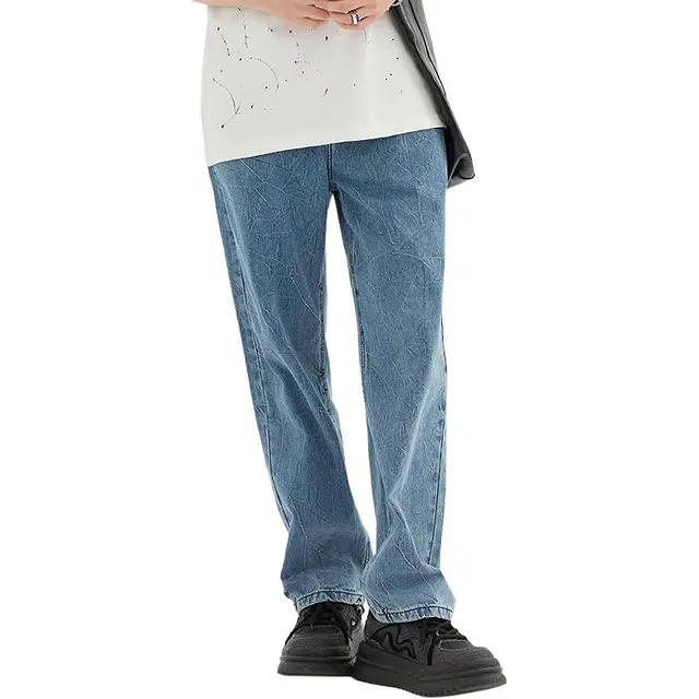 三福 宽松直筒洗水中低腰长裤牛仔裤 男款