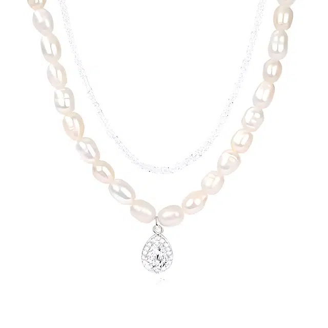 贝诗珠宝 双层叠带高级感小众巴洛克水滴吊坠欧美风锁骨链 淡水珍珠 项链 女款