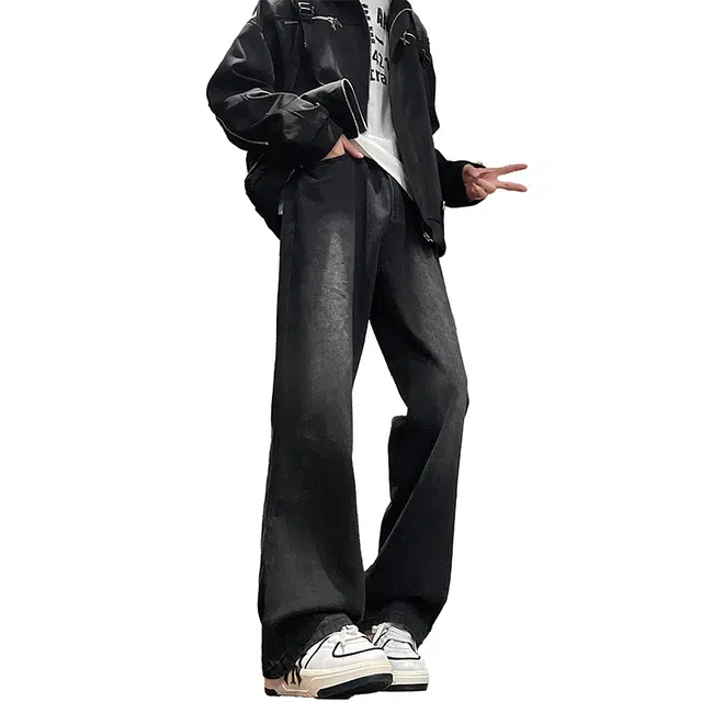 八哥 美式复古高街水洗做旧直筒宽松纯色牛仔裤 男女同款 黑灰色