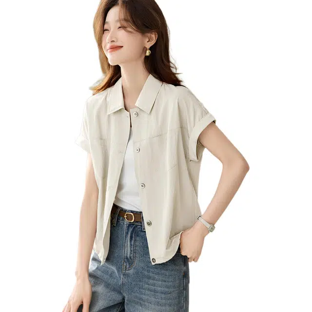 沫晗依美 休闲百搭纯色常规短袖翻领开衫衬衫 女款