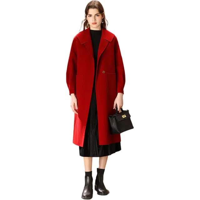 粉红玛琍 通勤西装领系带长袖大衣 女款 锈红