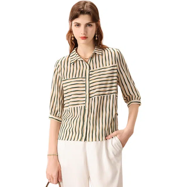 粉红玛琍 简约舒适通勤条纹五分袖衬衫 女款 杏绿条