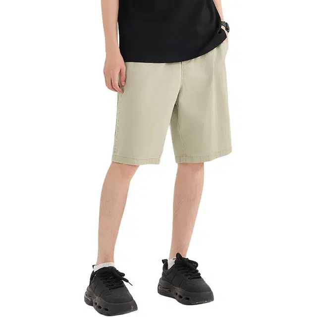 三福 简约宽松橡筋腰直筒裤中腰五分裤休闲短裤 男款