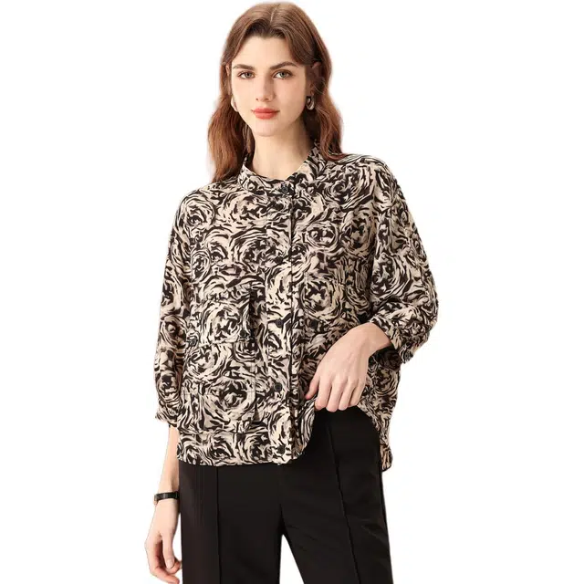 粉红玛琍 立领宽松七分袖衬衫 女款 黑色