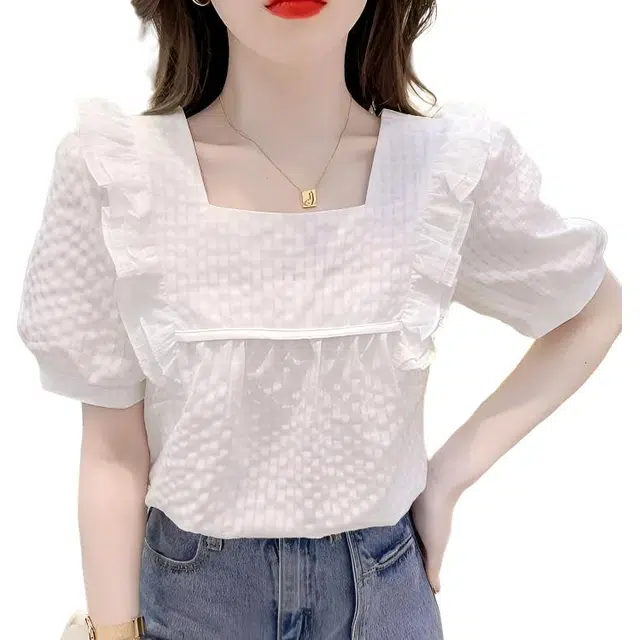 小卷要加油 法式气质方领设计感洋气甜美荷叶边减龄上衣短袖衬衫 女款