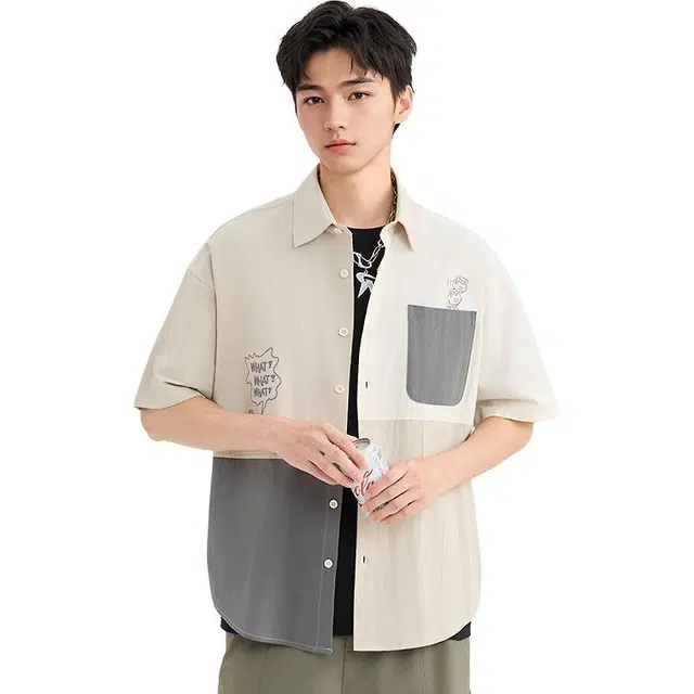 三福 拼接短款字母翻领短袖衬衫 男款