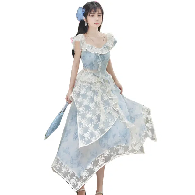 柏黛妃 超仙蕾丝刺绣上衣绝美温柔奶系法式半身裙子裙装套装 女款