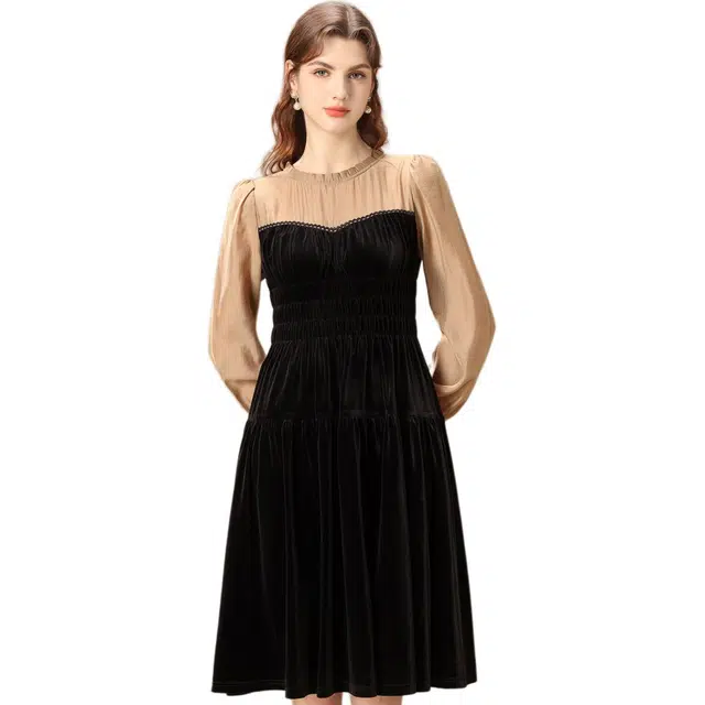 粉红玛琍 法式圆领高腰褶皱垂感长袖连衣裙 女款 黑色