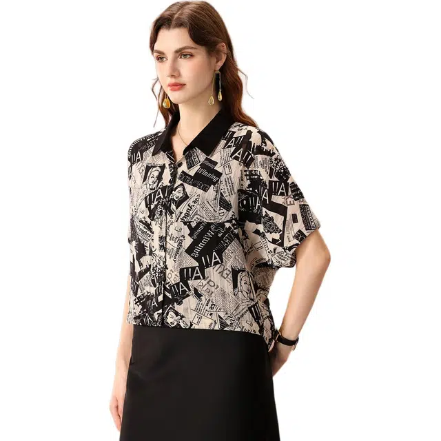 粉红玛琍 宽松休闲显瘦短袖衬衫 女款 黑色