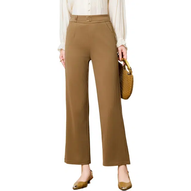 粉红玛琍 高腰通勤纯色休闲裤 女款 卡其