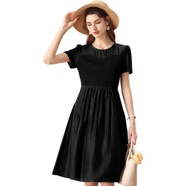 粉红玛琍 简约拼接纯色短袖连衣裙 女款 黑色