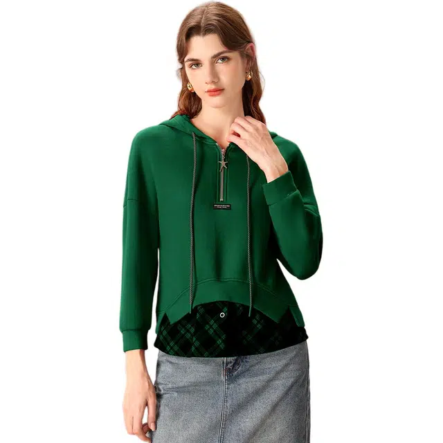 粉红玛琍 假两件连帽宽松套头长袖卫衣 女款 绿色