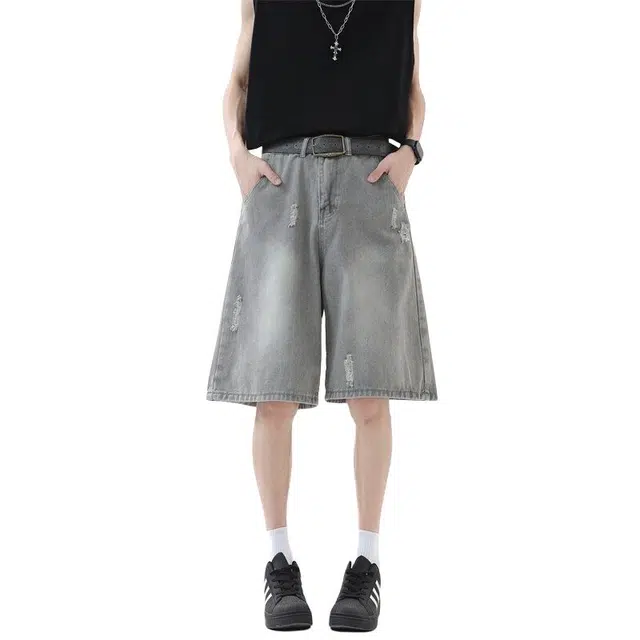佐菲利 美式高街破洞潮牌宽松复古夏季五分牛仔短裤 男女同款