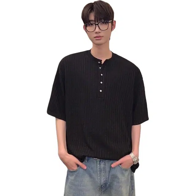 寻星记 老钱风高端冰丝亨利领肌理感夏季潮流短袖上衣衬衫 男女同款