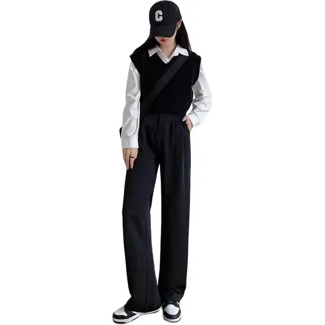 棉购 高级感纯色高腰宽松通勤长裤西装裤 女款