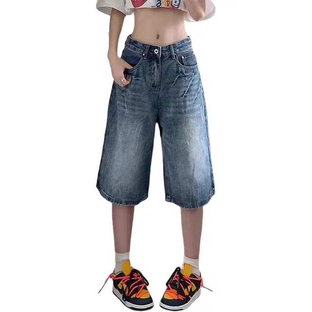 如续 水洗闪电纹七分女夏季美式复古宽松阔腿显瘦直筒中裤牛仔短裤 女款