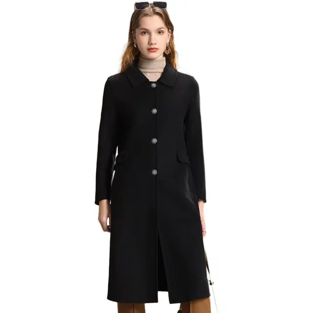 粉红玛琍 修身纯色中长款大衣 女款 黑色