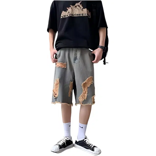 木木兔 夏季美式复古破洞潮牌薄款拼色休闲百搭小众时尚设计感五分牛仔短裤 男款