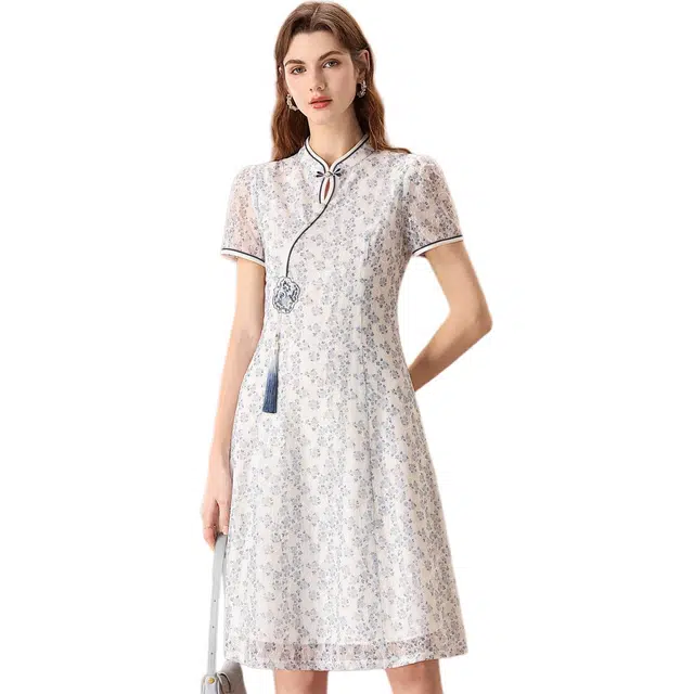 粉红玛琍 植物花卉新中式修身薄款休闲短袖连衣裙 女款 蓝色