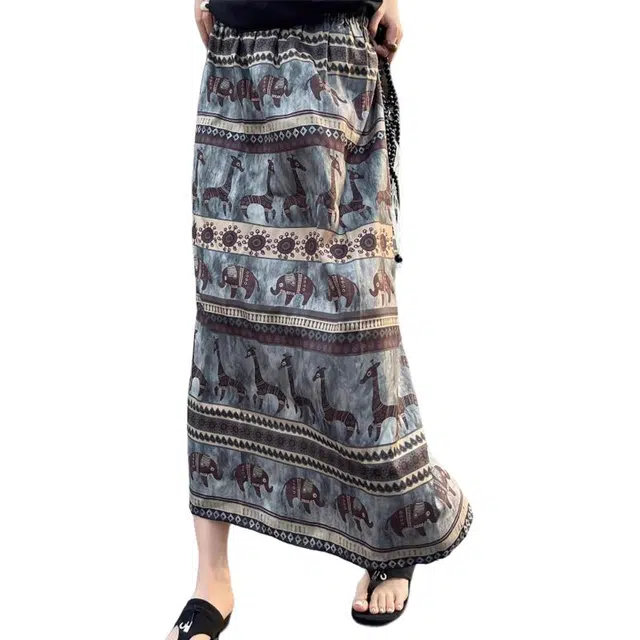 水中花 动物图案高腰显瘦百搭复古垂感透气民族风高舒适印花休闲长裙 女款