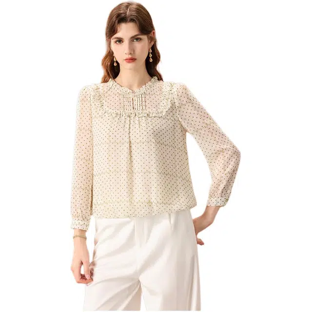 粉红玛琍 时尚圆点休闲立领宽松长袖衬衫 女款 绿色