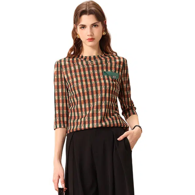 粉红玛琍 印花立领七分袖套头衬衫 女款 绿色