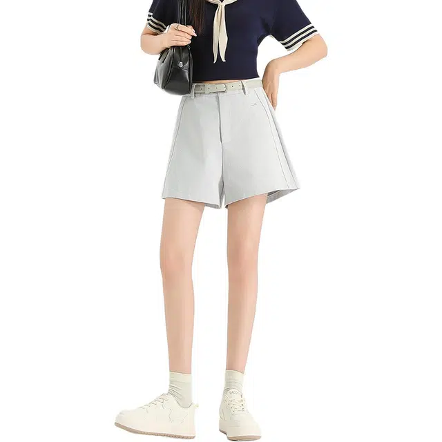 法文箱子 时尚纯色高腰宽松五分裤休闲短裤 女款