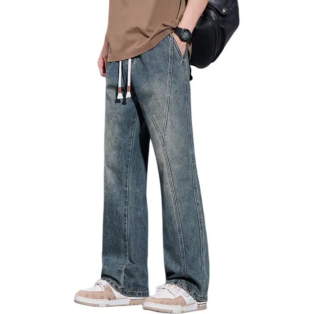协协乐 美式微喇废土风纯棉纯色男士春秋季潮牌水洗宽松复古弯刀阔腿长裤子牛仔裤 男款