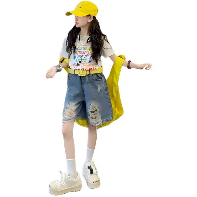 天才小熊休闲运动套装 女童夏季大童潮牌小孩衣服 小女孩印花短袖洋气时髦 漂亮 甜美