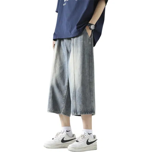 顶峰保罗 美式复古水洗做旧直筒七分裤无性别主义潮牌薄款透气宽松休闲百搭阔腿牛仔短裤 男女同款