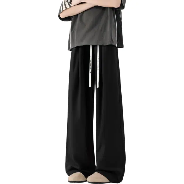 图兰朵 夏季美式复古基础款纯色简约宽松舒适直筒抽绳系带垂感高街学院风显高百搭冰丝褶皱西装阔腿山本休闲裤 男女同款