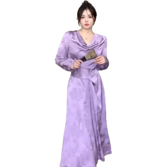 哒头下雨不愁 法式复古通勤斜襟盘扣长袖连衣裙 女款