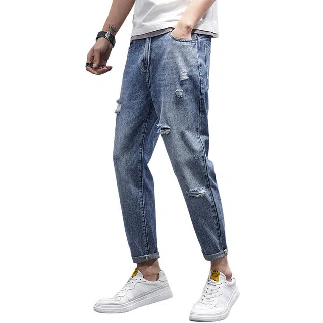 潮人榜 美式潮牌磨破设计感破洞夏季时尚修身九分裤百搭休闲日常通勤小直筒裤子牛仔裤 男款