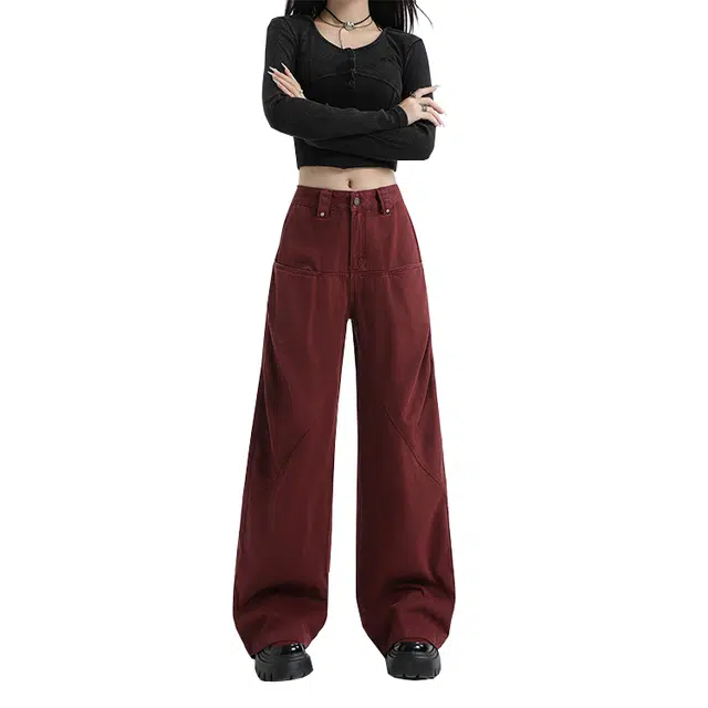 涂诗菲 美式复古宽松显瘦阔腿裤高腰休闲牛仔裤 女 安可拉红
