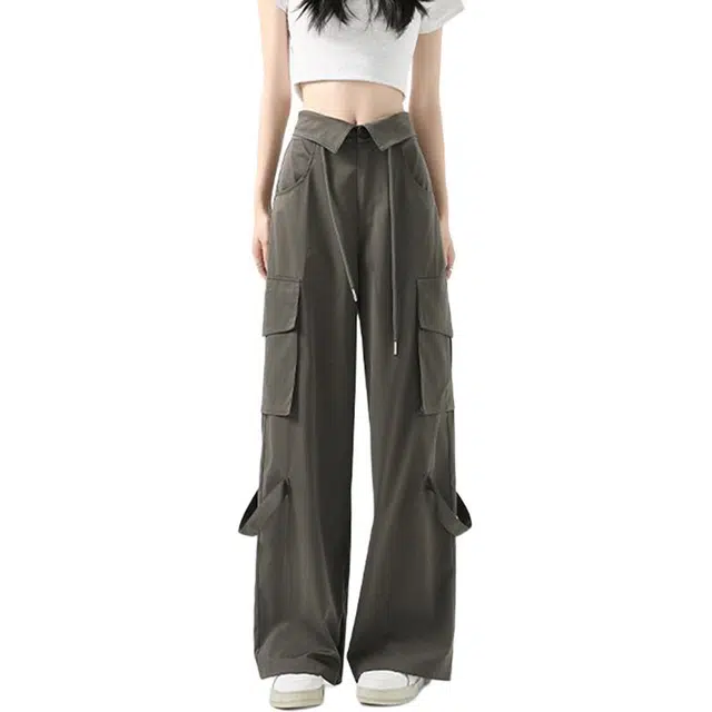 涂诗菲 美式工装裤高腰运动直筒松紧腰哈伦裤阔腿拖地长裤休闲裤 女款