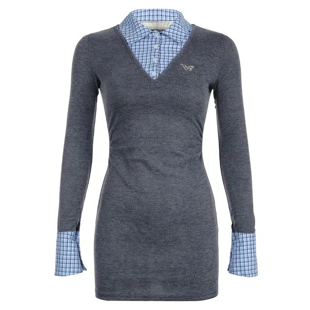 涂诗菲 学院风格纹拼接假两件褶皱收腰针织长袖连衣裙 女款